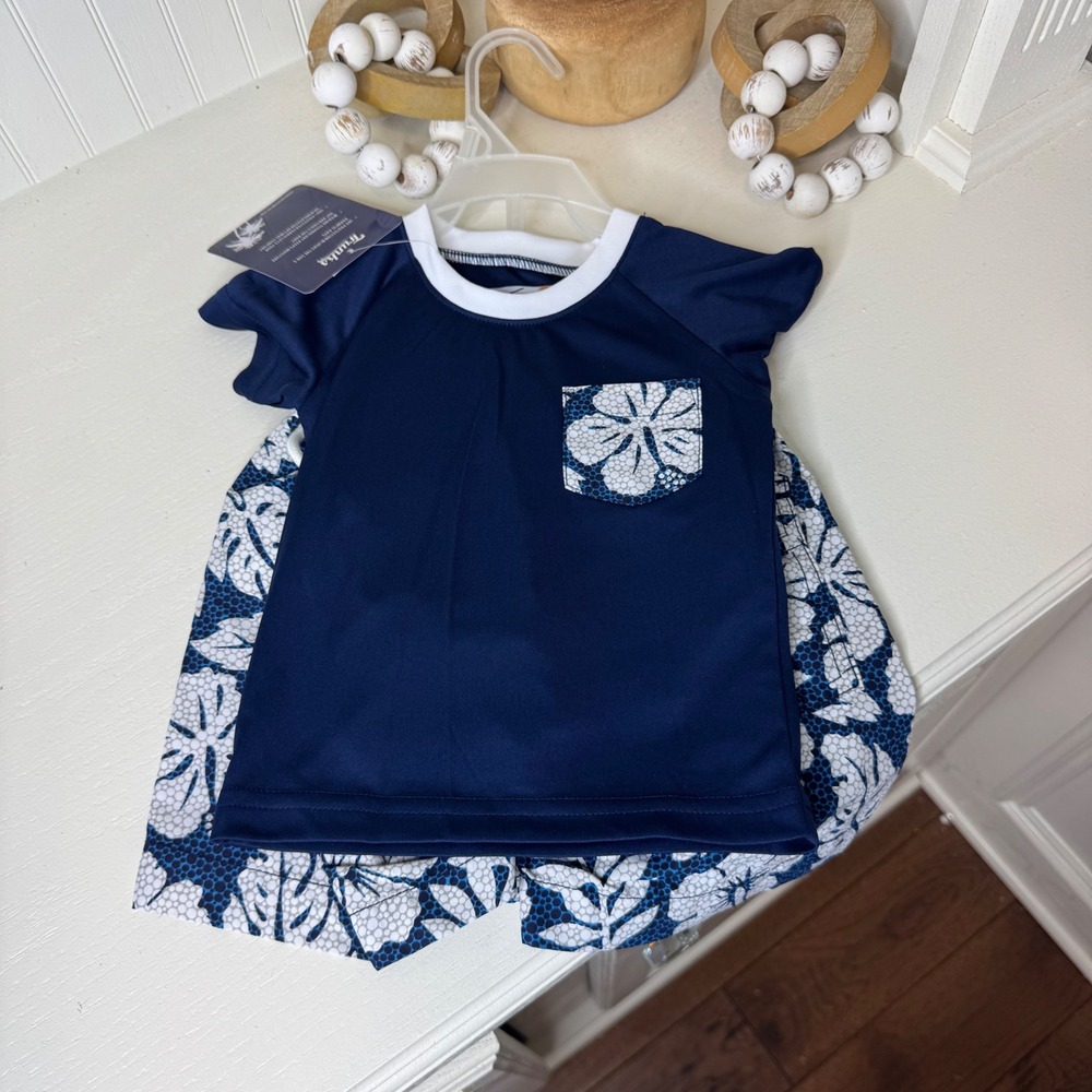 Trunks Surf & Swim Co Boys Swim Set 2 Marine Blue White Hibiscus TS0252420 NEW